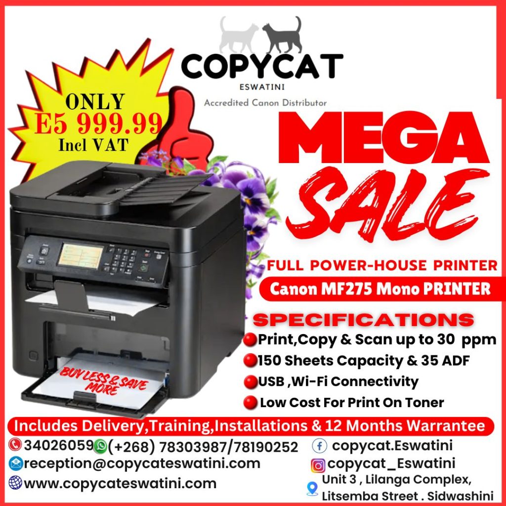 🥳🥳🥳🥳 We Move! The Canon MF275 Mono Printer is Here to Power Your Office!🥳🥳🥳 Experience fast printing, copying & scanning up to 30ppm — all at an unbeatable E5,999.99 (Incl VAT)! Includes delivery, training, installation & 12 months warranty 🚚🖨 📍Get yours today from Copycat Eswatini — Accredited Canon Distributor #CanonEswatini #CopycatEswatini #MegaSale #CanonMF275 #OfficeEssentials #PrinterDeals