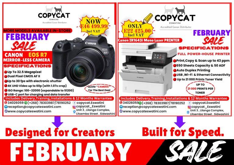 🔥 FEBRUARY SALE IS ON at Copycat Eswatini! 🔥 📸 Canon EOS R7 – Designed for creators who want professional results 🖨️ Canon IR1643i – Built for businesses that need speed and reliability ✔ Incl. VAT ✔ Delivery, Installation & Training Included ✔ 12-Month Warranty 📍 Copycat Eswatini – Accredited Canon Distributor 📞 Quote CAMERA or PRINTER today. While still stock Last!