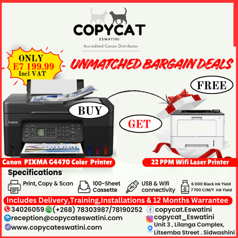 UNMATCHED DEAL ALERT 🚨🖨️ Buy the powerful Canon PIXMA G4470 and get a FREE 22PPM WiFi Laser Printer — yes, FREE! 😱🔥 All this for ONLY E7,199.99 (Incl. VAT) Print. Copy. Scan. Connect. Save BIG. Plus you get Delivery, Installation, Training & 12 Months Warranty included 💯 This isn’t just a deal… it’s a steal. 📞 Call now before it’s gone!