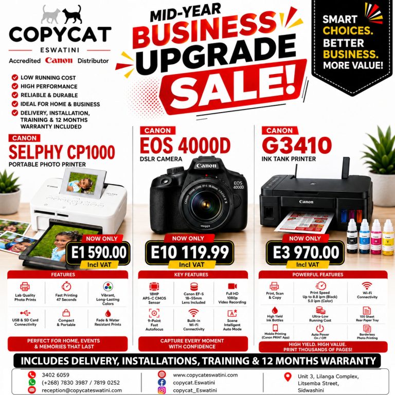 🚨 MID-YEAR BUSINESS UPGRADE SALE! 🚨 Upgrade your business with genuine Canon technology at unbeatable prices—only at Copycat Eswatini, Canon Accredited Distributor. 🖨️ Canon SELPHY CP1000 – E1,590.00 Incl. VAT 📸 Canon EOS 4000D DSLR Camera – E10,119.99 Incl. VAT 🖨️ Canon G3410 Ink Tank Printer – E3,970.00 Incl. VAT ✅ Low Running Costs ✅ High Performance & Reliability ✅ Includes Delivery, Installation & Training ✅ 12-Month Warranty Included Whether you're growing your business, capturing unforgettable moments, or printing with confidence, we've got the perfect Canon solution for you.